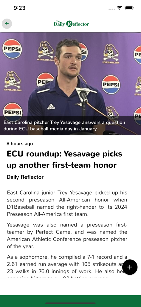 Reflector NC - A news article in the Reflector NC app about East Carolina University baseball player Trey Yesavage receiving a first team honor