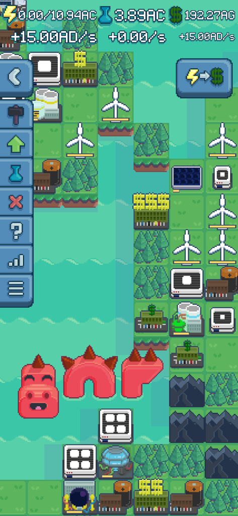 Gestion de grille en pixel art avec des éoliennes et des panneaux solaires dans Reactor Idle Tycoon
