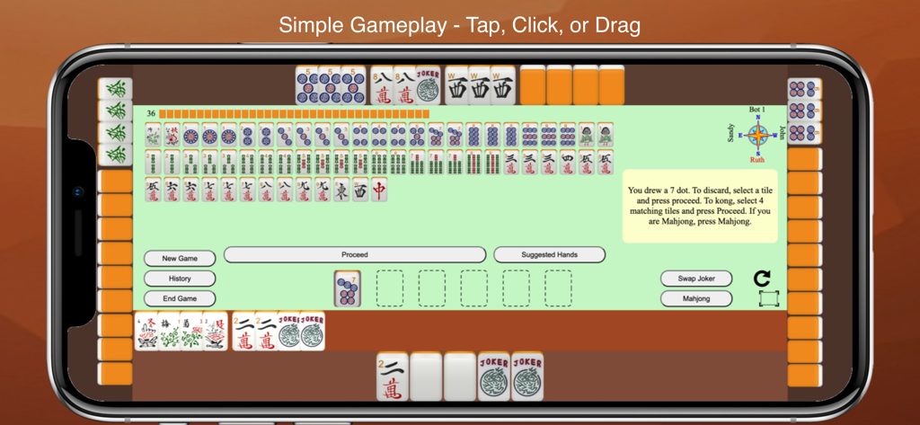 American Mahjong gameplay on a smartphone showing tiles and control buttons