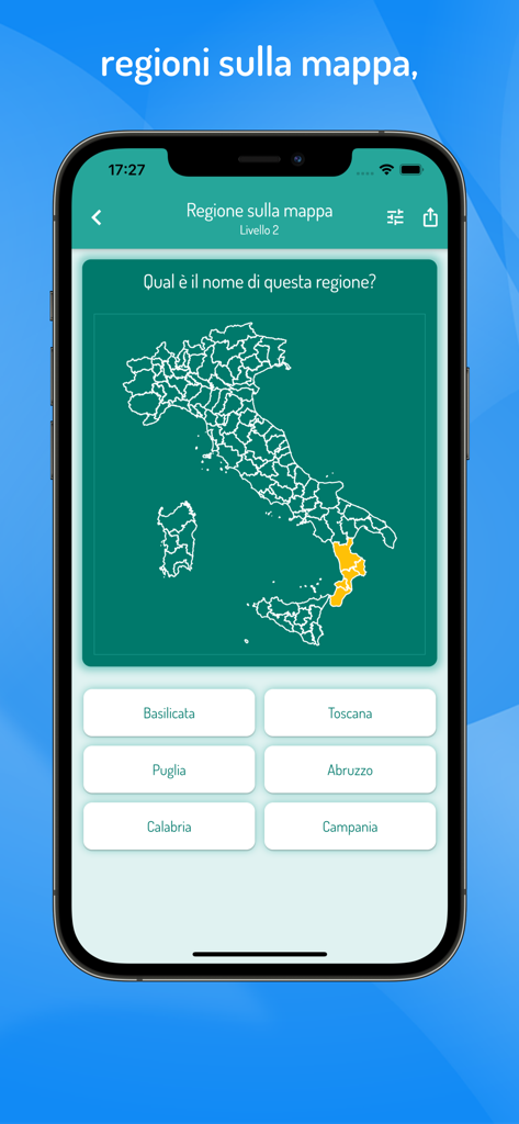 Una pantalla de juego de quiz que muestra un mapa de Italia con una región resaltada y opciones de respuesta múltiple para aprender geografía.