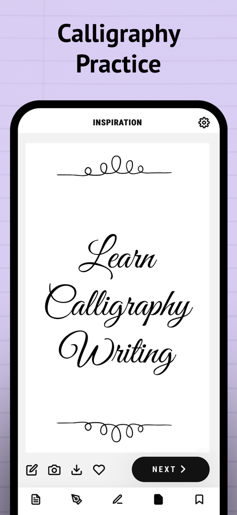 Schermata di ispirazione dell'app Pratica Calligrafia che mostra stili di scrittura corsiva.
