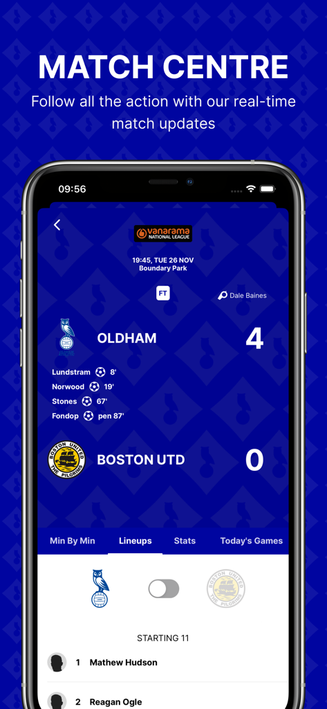 Oldham Athletic AFC - Centro de partidos de la aplicación Oldham Athletic AFC mostrando puntuaciones de partidos y alineaciones de equipos