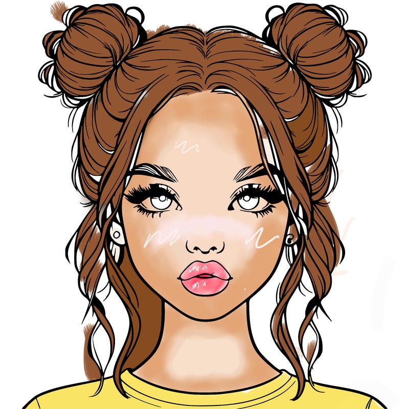 realistic girl with two buns in hair and lips