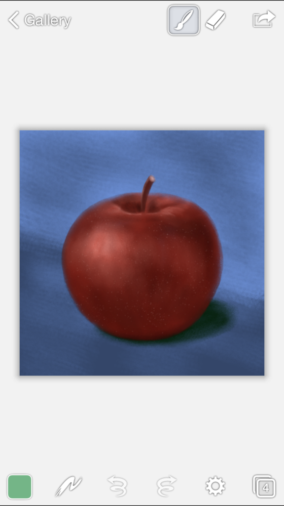 Brushes Redux - Digital painting of a red apple on a blue background inside the Brushes Redux app interface