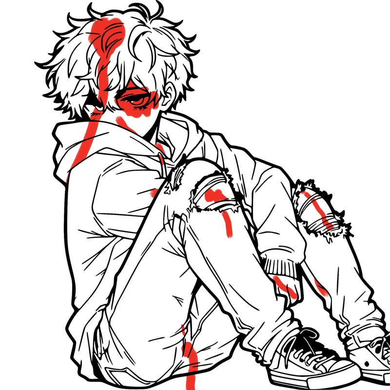 a male hoddie ripped jeans messy hair anime