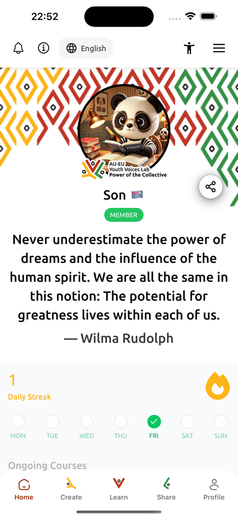 AU-EU Youth Voices Lab - Interface of the AU-EU Youth Voices Lab app showing a user profile with a motivational quote by Wilma Rudolph and a gamified daily streak tracker.