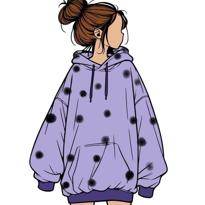 realistic girl with a oversized sweatshirt on and a bun