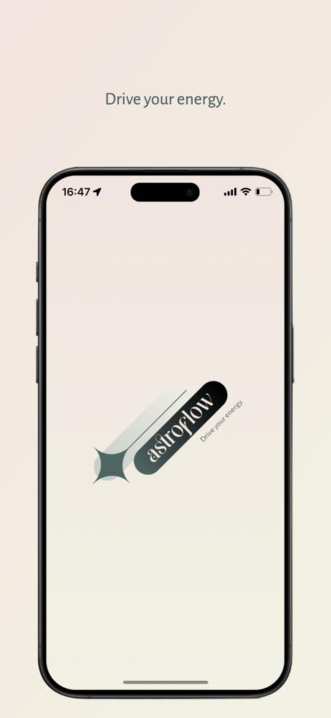 Astroflow astrology app splash screen showing the logo and the tagline Drive your energy on a cream background