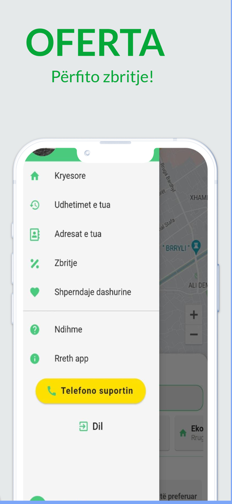 Side menu of VrapOn Taxi Albania app showing navigation options and discount offers.