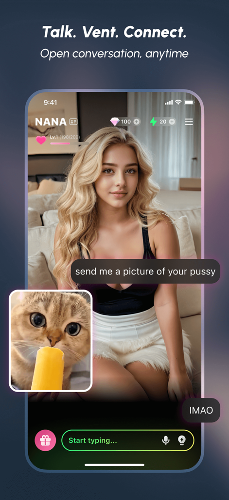 LiveC - Living AI Companion - Interface do aplicativo LiveC mostrando uma conversa divertida impulsionada por memes com um personagem de IA chamado Nana.