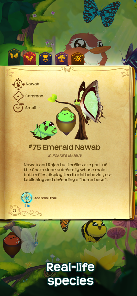 Flutter: Butterfly Sanctuary - A page from the in-game Flutterpedia displaying facts and the life cycle of the Emerald Nawab butterfly.