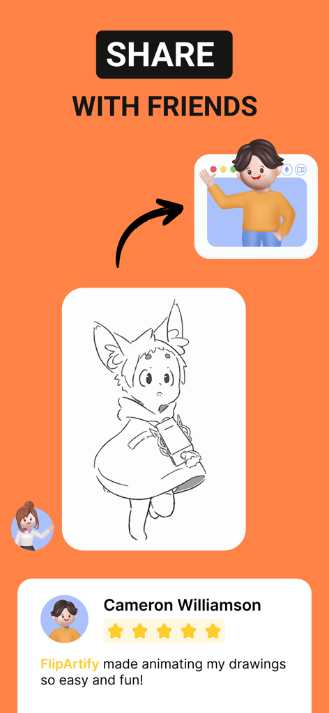 A screen showing the share with friends feature in FlipArtify with an anime drawing and a five star user testimonial