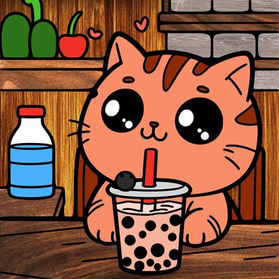 a cat drinking boba tea at a cafe