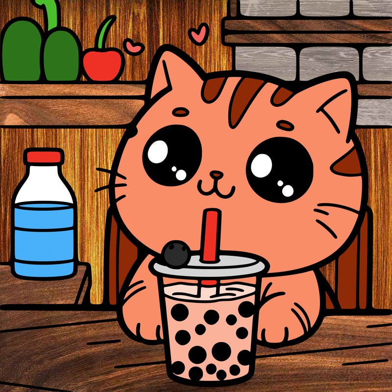 a cat drinking boba tea at a cafe