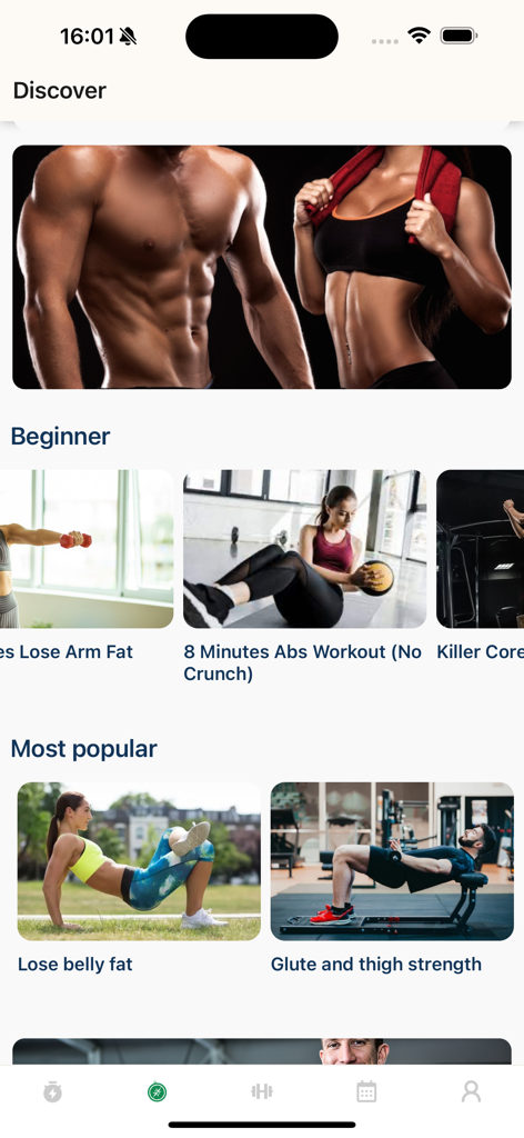 Home Workouts for Men at Home - The Discover screen of the Home Workouts for Men at Home app showing beginner and popular workout categories with video exercise thumbnails.