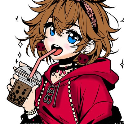 hot baddie anime girl drinking boba and biting the straw