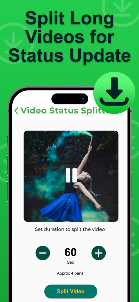 Smartphone screen displaying the Video Status Splitter feature to divide long videos for social media updates.