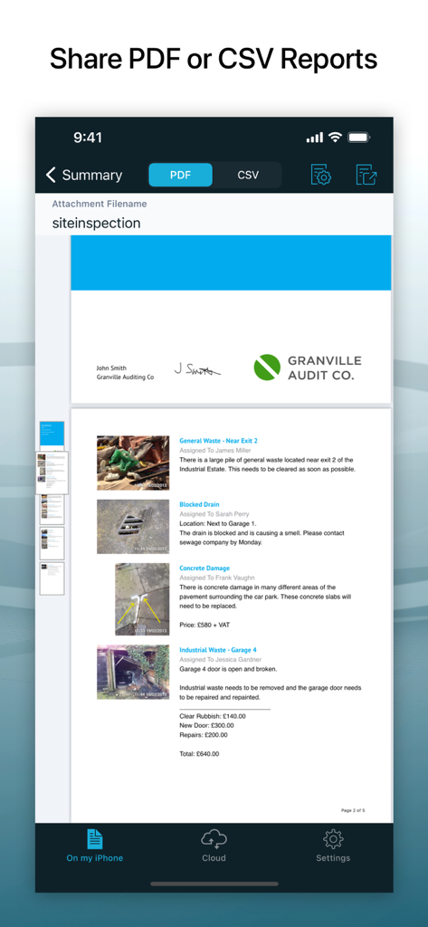 Site Audit Pro - Mobile app interface showing a professional PDF audit report with photos and issue descriptions