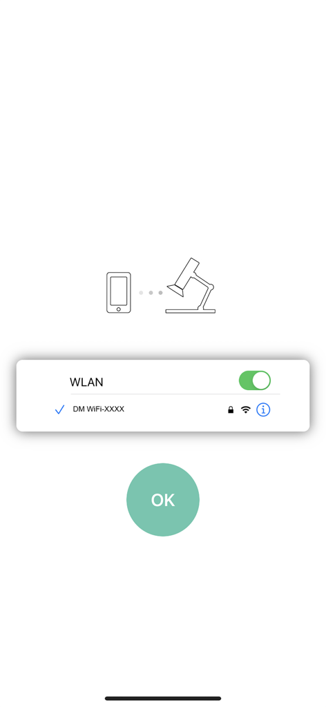 Pantalla de configuración para conectar la aplicación DM Camera al WiFi del dispositivo