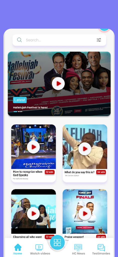 Hallelujah Challenge - The home screen of the Hallelujah Challenge app showing a collection of worship and prayer videos