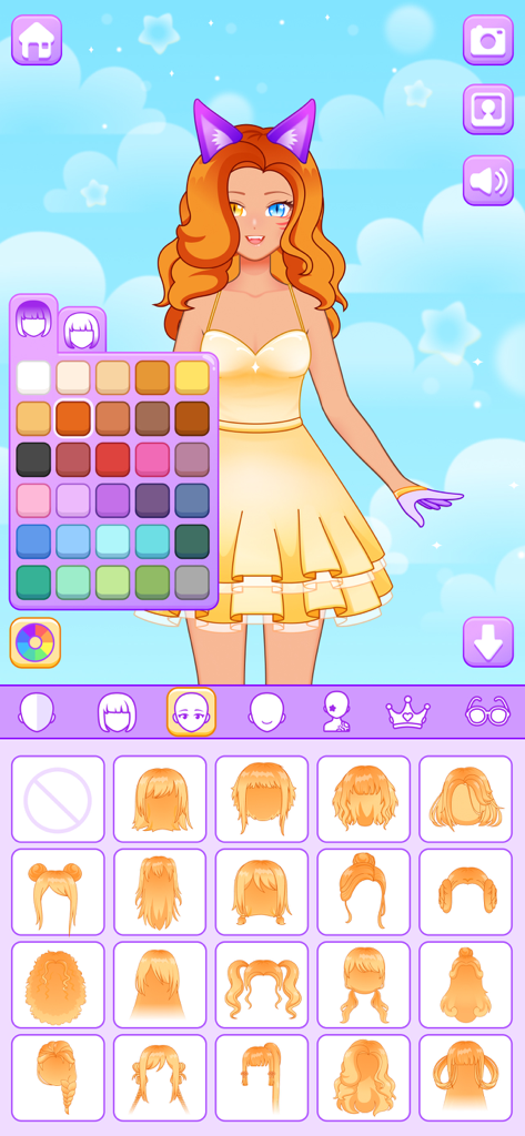 BFF Dress Up - Princess Doll - A character customization screen in the BFF Dress Up game showing a girl with orange hair and purple cat ears alongside various hairstyle options and a color palette