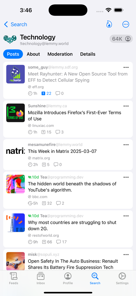 Mlem for Lemmy - Mlem for Lemmy iOS app interface displaying the technology community news feed.