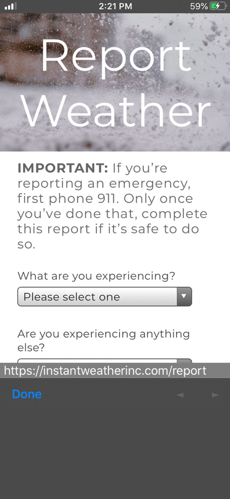 Instant Weather - Interface for submitting local weather reports in the Instant Weather app with an emergency disclaimer