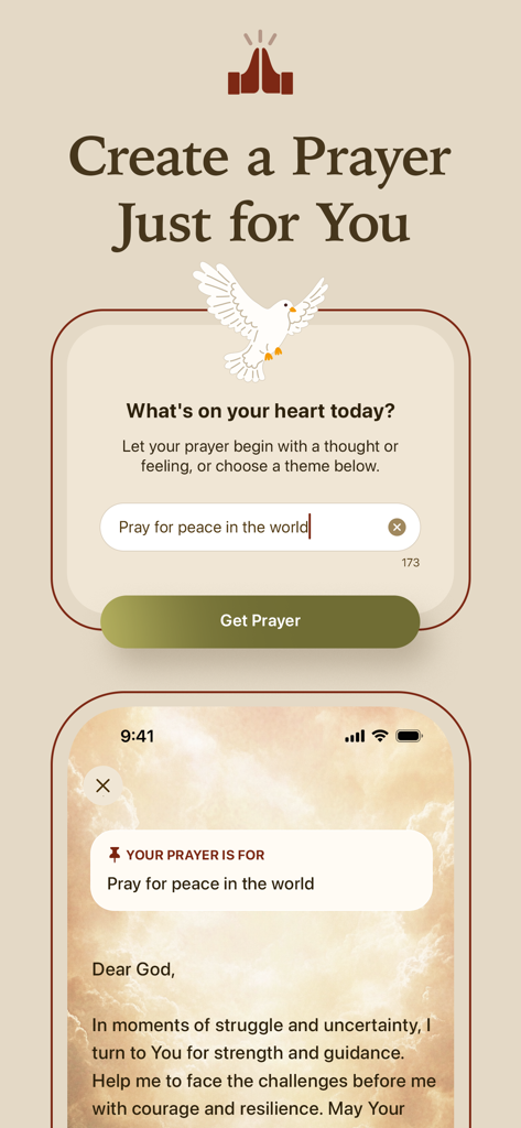 Faith Mentor - AI Bible Chat - Interface of Faith Mentor app showing the personalized prayer creator feature with a request for peace