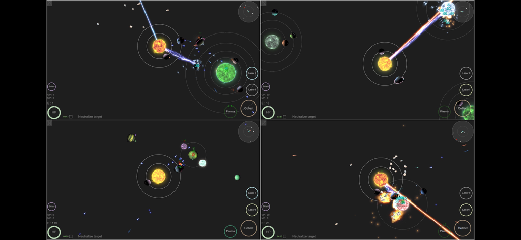 Four screen panels showing planetary systems and laser combat in mySolar
