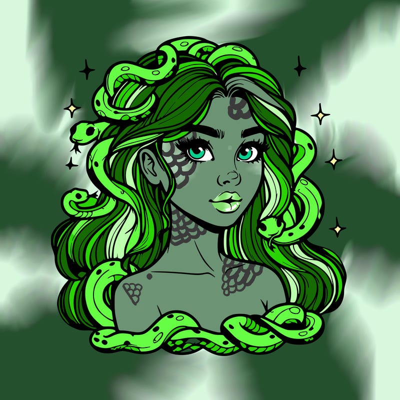 realistic girl with snakes as hair