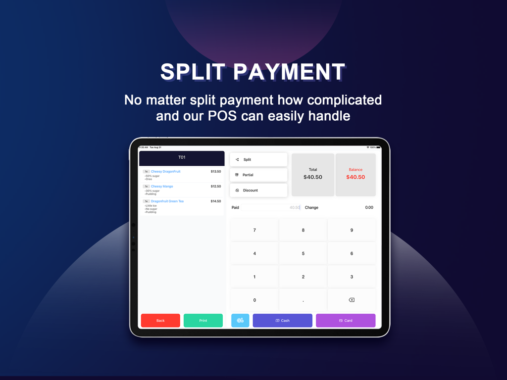 GoMenu POS - GoMenu POS iPad app displaying the split payment and checkout screen