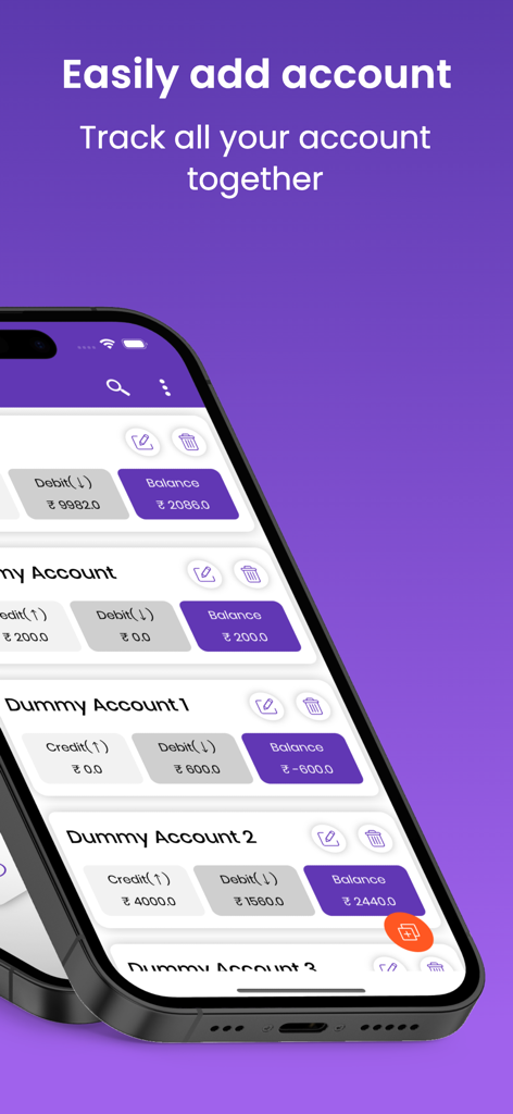 Account Manager - Ledger Book - An iPhone displaying the Account Manager app interface with several accounts showing credit, debit, and balance totals.
