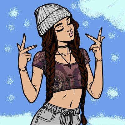 realistic teenage girl with braids and a beanie and crop top doing 🫶🏼