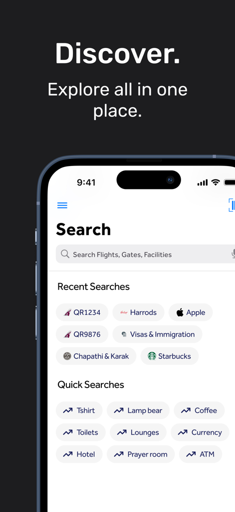 HIA Qatar - HIA Qatar app search screen showing options for flights shops and airport facilities