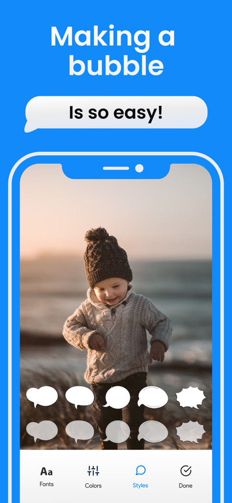 Speech Bubble: Photo Captions - Interface of the Speech Bubble app showing a photo of a child with various speech bubble style options at the bottom