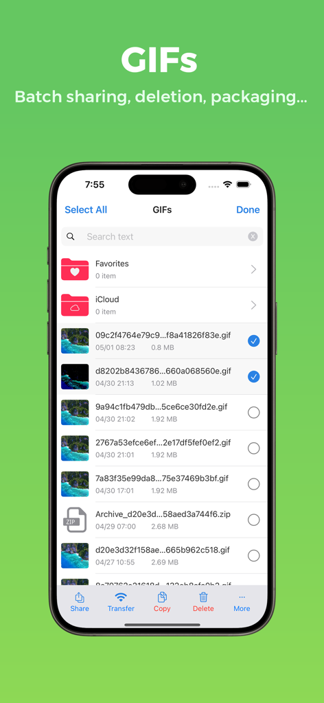 Interfaz de la aplicación Any GIF Maker mostrando una lista de archivos GIF con opciones de gestión por lotes como compartir y eliminar