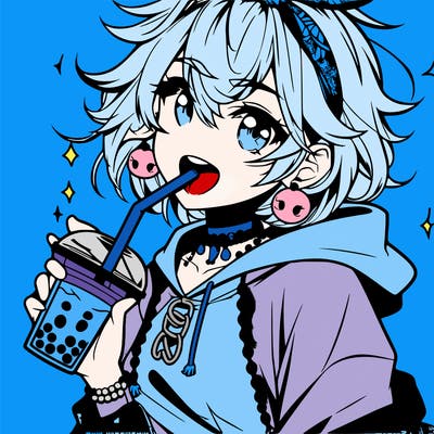 hot baddie anime girl drinking boba and biting the straw