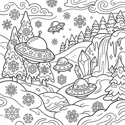 Prepare for an out-of-this-world coloring experience as friendly UFOs visit a magical winter wonderland. This delightful page features charming alien spacecraft soaring over snowy trees, playful snowflakes, and glistening ice formations, perfect for young artists.