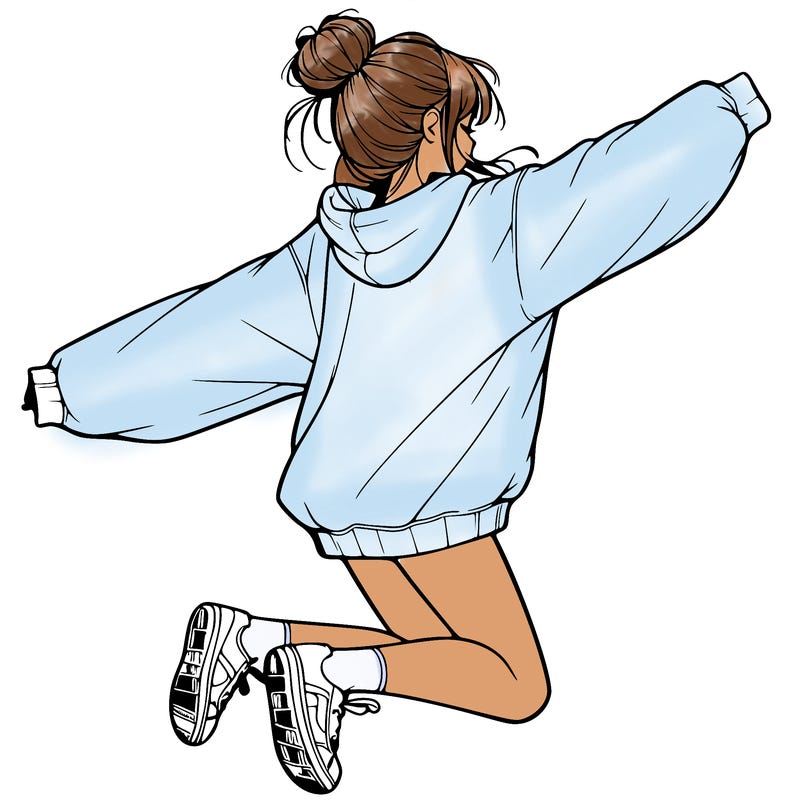 realistic girl jumping with a bun and oversized sweatshirt