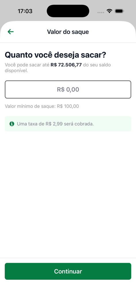 Logzz app screen showing a withdrawal request interface with available balance and transaction fee details