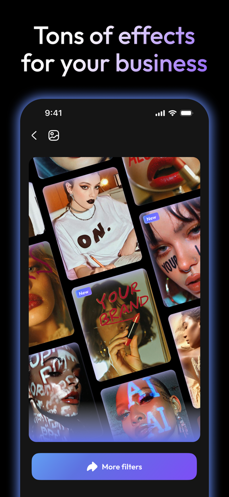 A collection of AI-powered artistic filters and branding effects displayed on the Nufa app interface.