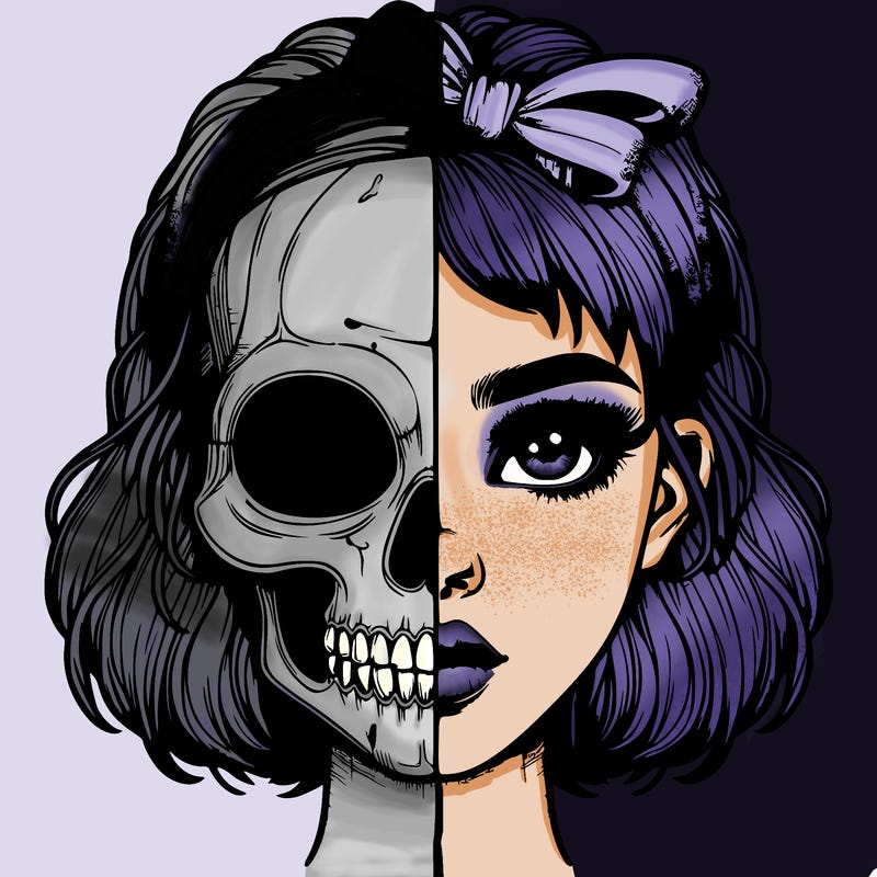 realistic girl with half skull mask