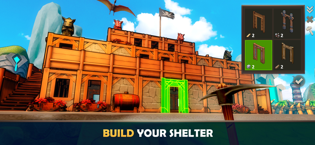 Survival Island: EVO 2 Game - Un jugador construyendo un gran refugio de madera en Survival Island EVO 2 con un menú de creación abierto