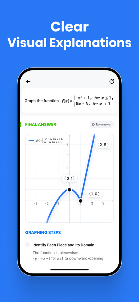 Solvely - AI Study Companion - A math problem being solved with a clear visual graph and step-by-step graphing instructions on the Solvely app interface.