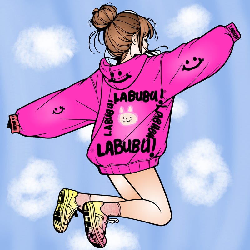 realistic girl jumping with a bun and oversized sweatshirt