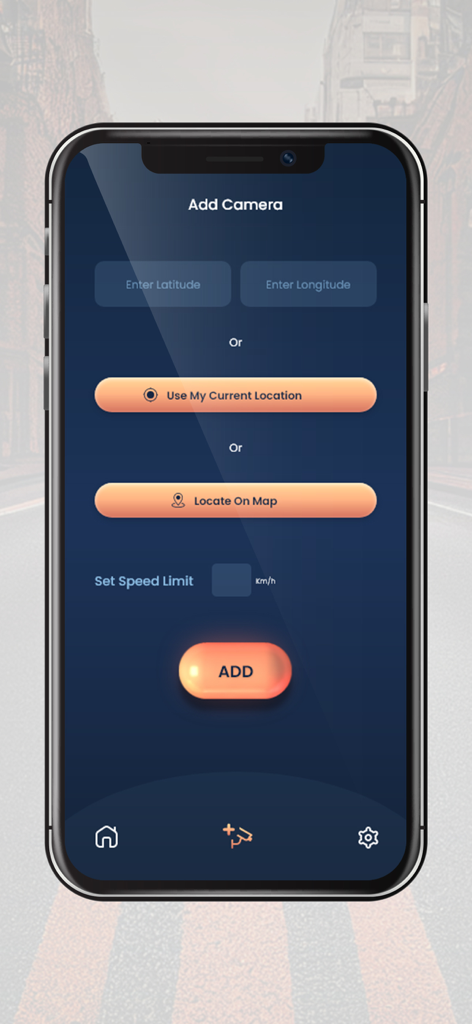 Speed Camera (Radar) detector - Interface for adding a new speed camera with options for coordinates, current location, map selection, and speed limit.