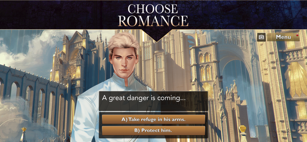 Is It Love FallenRoad에서 금발 남자 캐릭터와 웅장한 흰색 궁전 배경이 등장하는 로맨스 선택 장면