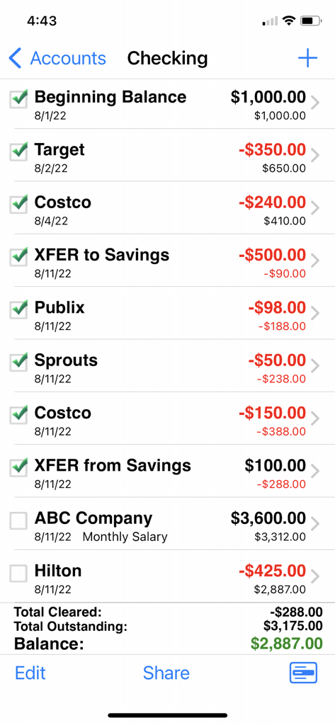 Accounts 3 Lite - Checkbook - Digital checkbook interface displaying manual transaction entries and account reconciliation status