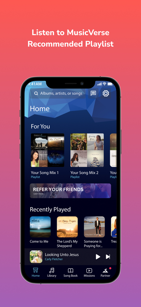 MusicVerse - MusicVerse app home screen displaying recommended music playlists and recently played sacred songs for the Adventist community