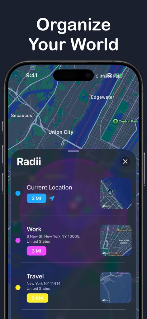 Smartphone screen displaying the Radius app with multiple color-coded distance circles for current location, work, and travel on a map.